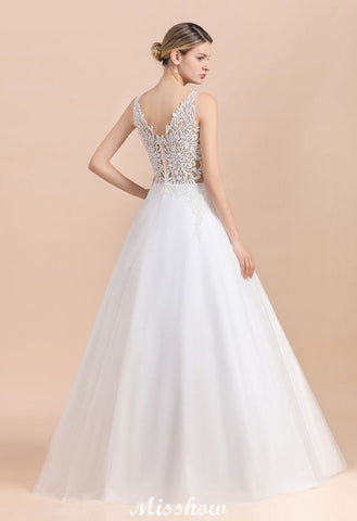 V-Neck See-through Lace Aline Wedding Dress Floor length Princess Bridal Gown