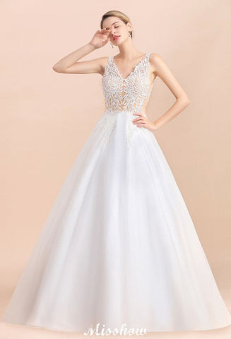 V-Neck See-through Lace Aline Wedding Dress Floor length Princess Bridal Gown