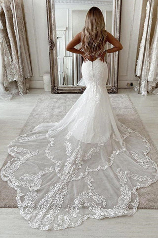 V-neck Sleeveless Appliques Lace Mermaid Floor-length Wedding Dresses