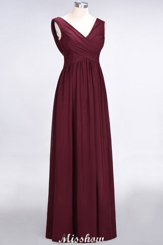 V-Neck Sleeveless Floor-Length Bridesmaid Dress Aline Ruffles Chiffon Party Gown