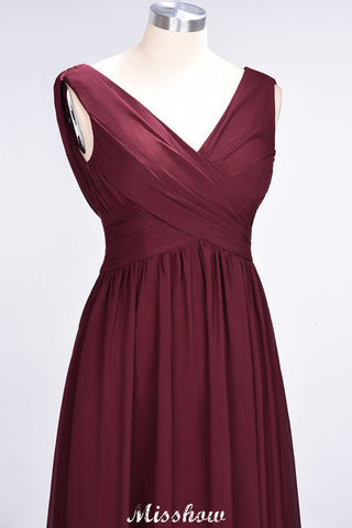 V-Neck Sleeveless Floor-Length Bridesmaid Dress Aline Ruffles Chiffon Party Gown