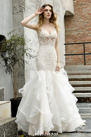 V-Neck Sleeveless Floral Lace Mermaid Bridal Gown Garden Puffy Tulle Slim Wedding Dress