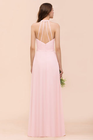 V-Neck Sleeveless Maxi Bridesmaid Dress Pink Chiffon Beach Wedding Dress