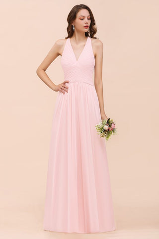 V-Neck Sleeveless Maxi Bridesmaid Dress Pink Chiffon Beach Wedding Dress