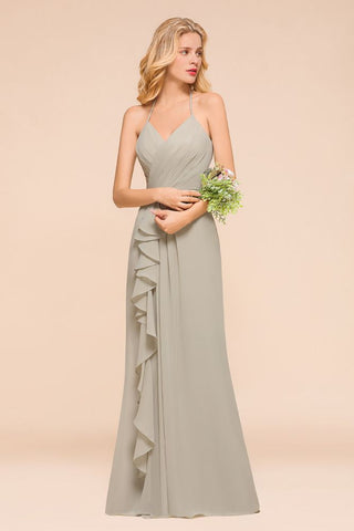 V-Neck Spaghetti Floor Length Folds Bridesmaid Dress