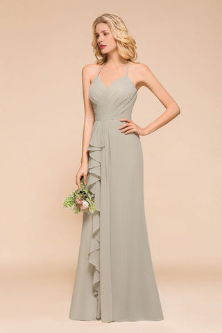 V-Neck Spaghetti Floor Length Folds Bridesmaid Dress
