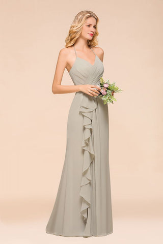 V-Neck Spaghetti Floor Length Folds Bridesmaid Dress