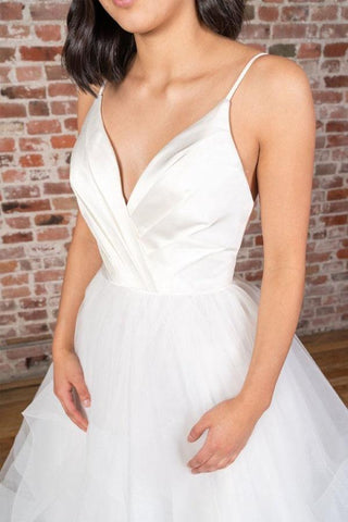 V-neck Straps Floor Length White Satin Wedding Dress with Ruffless  WD425