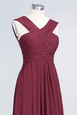 V-Neck Straps Sleeveless Floor-Length Bridesmaid Dress with Ruffles
