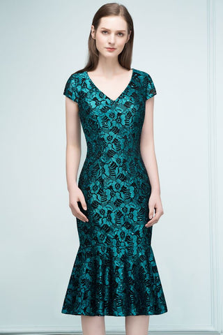 V-neck Tea Length Mermaid Lace Appliqued Prom Dresses