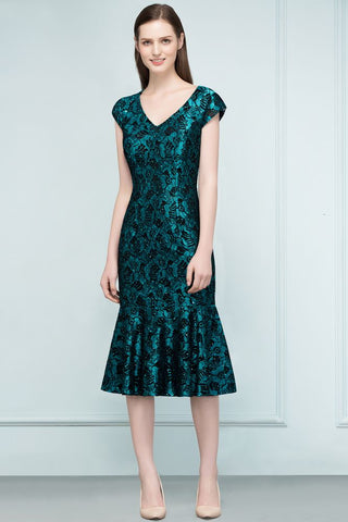 V-neck Tea Length Mermaid Lace Appliqued Prom Dresses