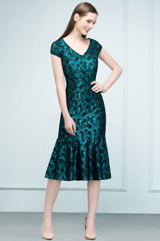 V-neck Tea Length Mermaid Lace Appliqued Prom Dresses