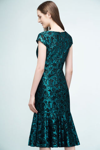 V-neck Tea Length Mermaid Lace Appliqued Prom Dresses