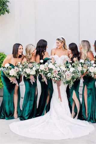 Baoleely Sweetheart Emerald Green Velvet Bridesmaid Dresses High Thigh Slit