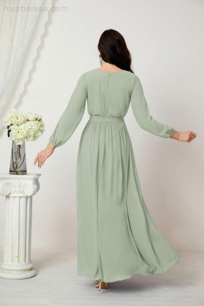Baoleely Long Sleeve Mint Green Maxi Dress with Elegant Flowing Skirt and Defined Waistline