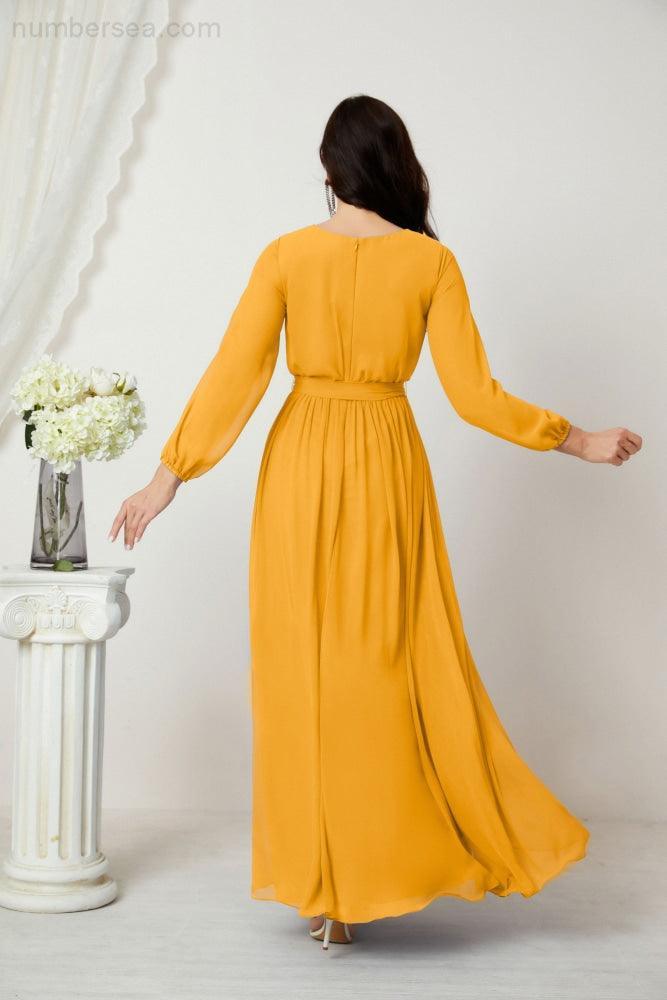 Colorful Baoleely Long Sleeve Maxi Dress in Mustard Yellow with Flowing Skirt