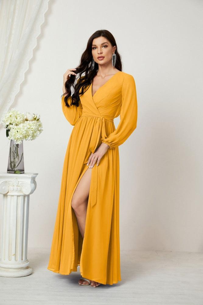 Baoleely Yellow Maxi Dress with Long Sleeves and Side Slit for Elegant Occasions