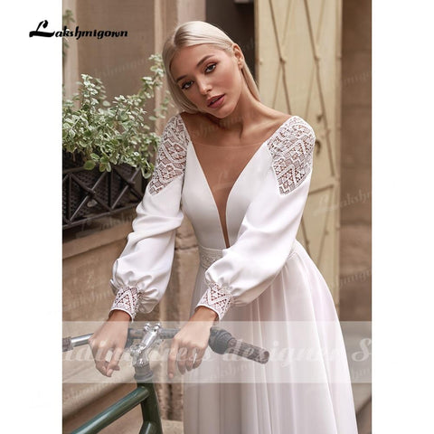 Baoleely Vestidos Simple Boho Manches Longues Robes De Mariée Col V Robe Longue Plage Mousseline De Soie A-ligne Robes De Mariée robe de mariée