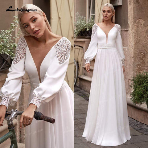 Baoleely Vestidos Simple Boho Manches Longues Robes De Mariée Col V Robe Longue Plage Mousseline De Soie A-ligne Robes De Mariée robe de mariée