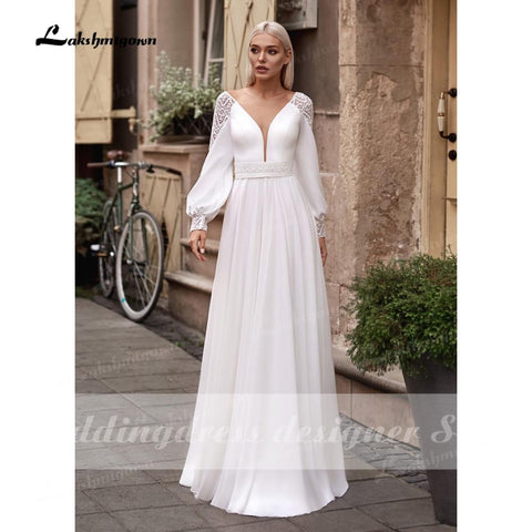 Baoleely Vestidos Simple Boho Manches Longues Robes De Mariée Col V Robe Longue Plage Mousseline De Soie A-ligne Robes De Mariée robe de mariée