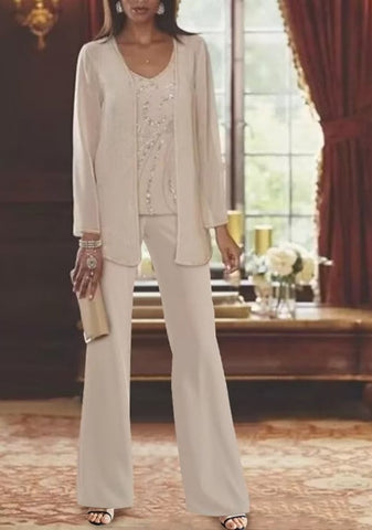 Vintage jewel long sleeves two pieces chiffon mother dress sequined