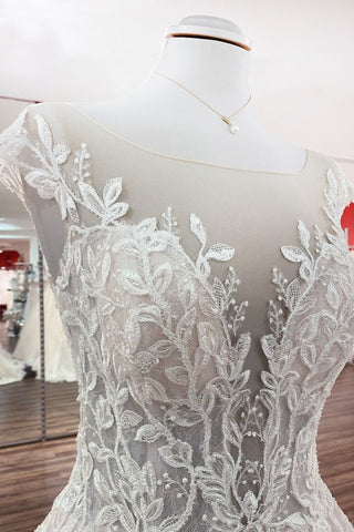 Vintage Long A-line Jewel Tulle Ruffles Wedding Dress with Lace Appliques