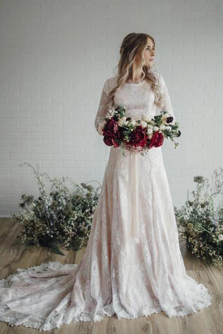 Vintage Long A Line Lace Wedding Dress with Sleeves