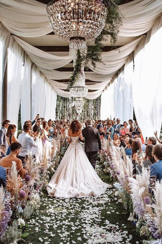 Vintage Long A-line Off-the-shoulder Lace Tulle Wedding Dress