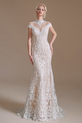 Vintage Long Mermaid High-neck Lace Wedding Dress with sleeves