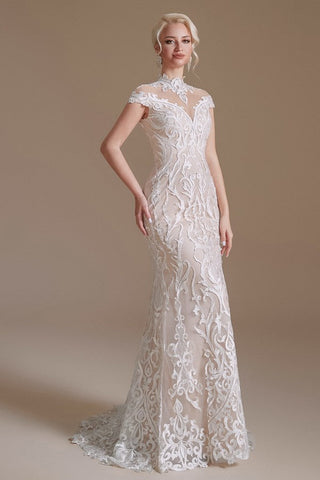 Vintage Long Mermaid High-neck Lace Wedding Dress with sleeves