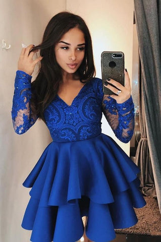 Vintage Short A-line V-neck Lace Satin Prom Dress With Sleeves