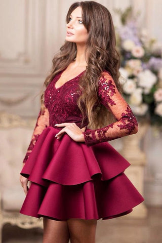 Vintage Short A-line V-neck Lace Satin Prom Dress With Sleeves