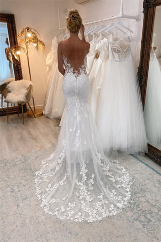 Vintage White Long Mermaid V-neck Lace Wedding Dresses