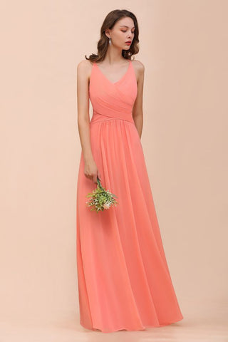 Watermelon Colorful Bridesmaid Maxi Dress Floor-Length V-Neck Maid of Honor Dress