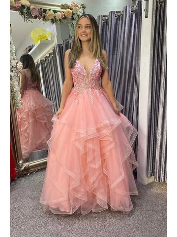 Vestidos de graduación corte A, estilo princesa, formales, largos hasta el suelo, sin mangas, escote en V, espalda descubierta de tul con pliegues y apliques.