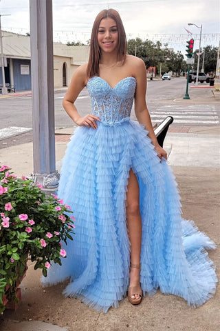 A-line Strapless Multi-Layers Tulle Prom Dress with Slit