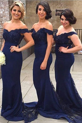 Navy Blue Mermaid Off Shoulder Lace Satin Long Bridesmaid Dresses