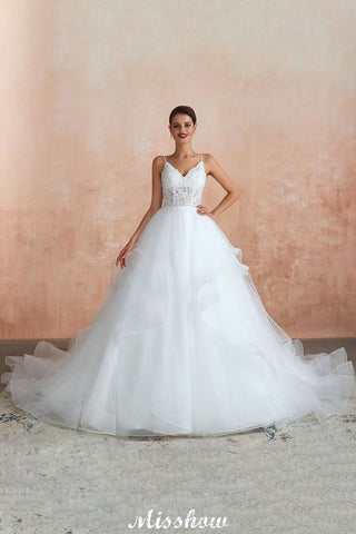 White Ball Gown Wedding Dress with Chapel Train, Spaghetti Strap See-through Lace up Bridal Gowns for Sale