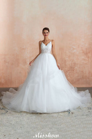 White Ball Gown Wedding Dress with Chapel Train, Spaghetti Strap See-through Lace up Bridal Gowns for Sale
