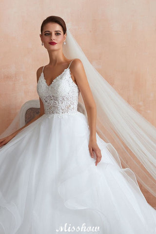 White Ball Gown Wedding Dress with Chapel Train, Spaghetti Strap See-through Lace up Bridal Gowns for Sale