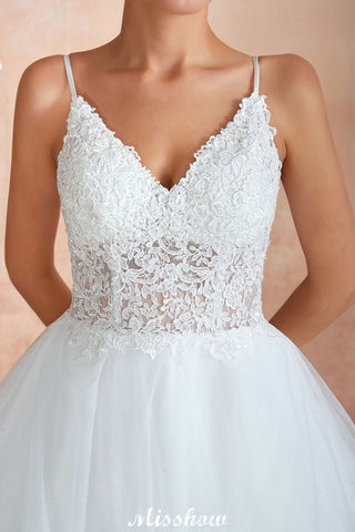 White Ball Gown Wedding Dress with Chapel Train, Spaghetti Strap See-through Lace up Bridal Gowns for Sale