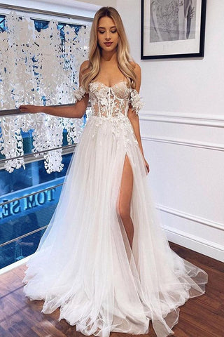 White Boho Long A Line Lace Off The Shoulder Wedding Dress with Slit
