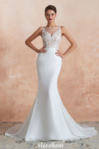 White Illusion Neck Column Wedding Dress Sleeveless Bridal Gowns
