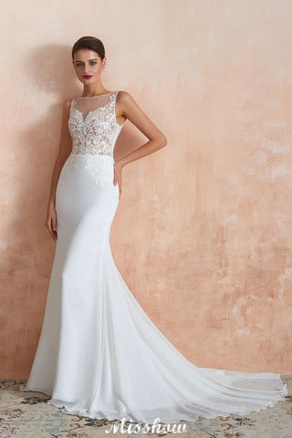 White Illusion Neck Column Wedding Dress Sleeveless Bridal Gowns