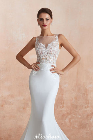 White Illusion Neck Column Wedding Dress Sleeveless Bridal Gowns