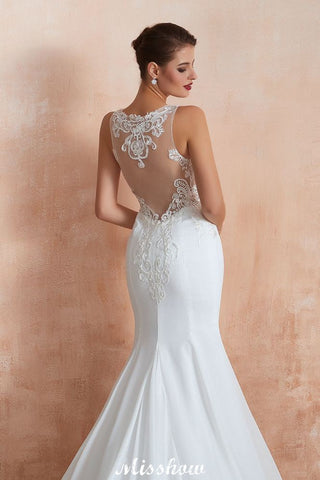 White Illusion Neck Column Wedding Dress Sleeveless Bridal Gowns