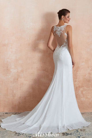 White Illusion Neck Column Wedding Dress Sleeveless Bridal Gowns