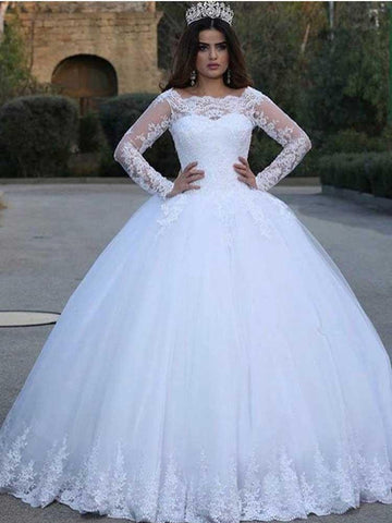 White Long A-line Lace Appliques Tulle Wedding Dresses with Sleeves