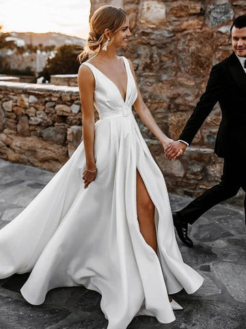 White Long A-line V-neck Satin Backless Wedding Dresses with Slit