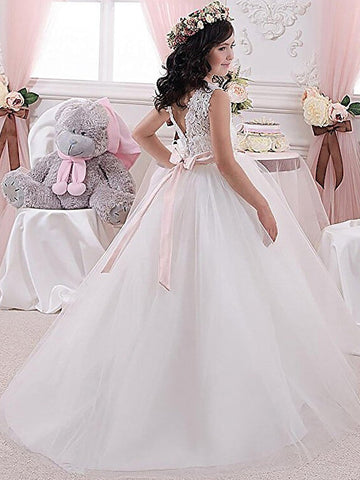 White Long Ball Gown Lace Tulle Wedding Party Flower Girl Dresses